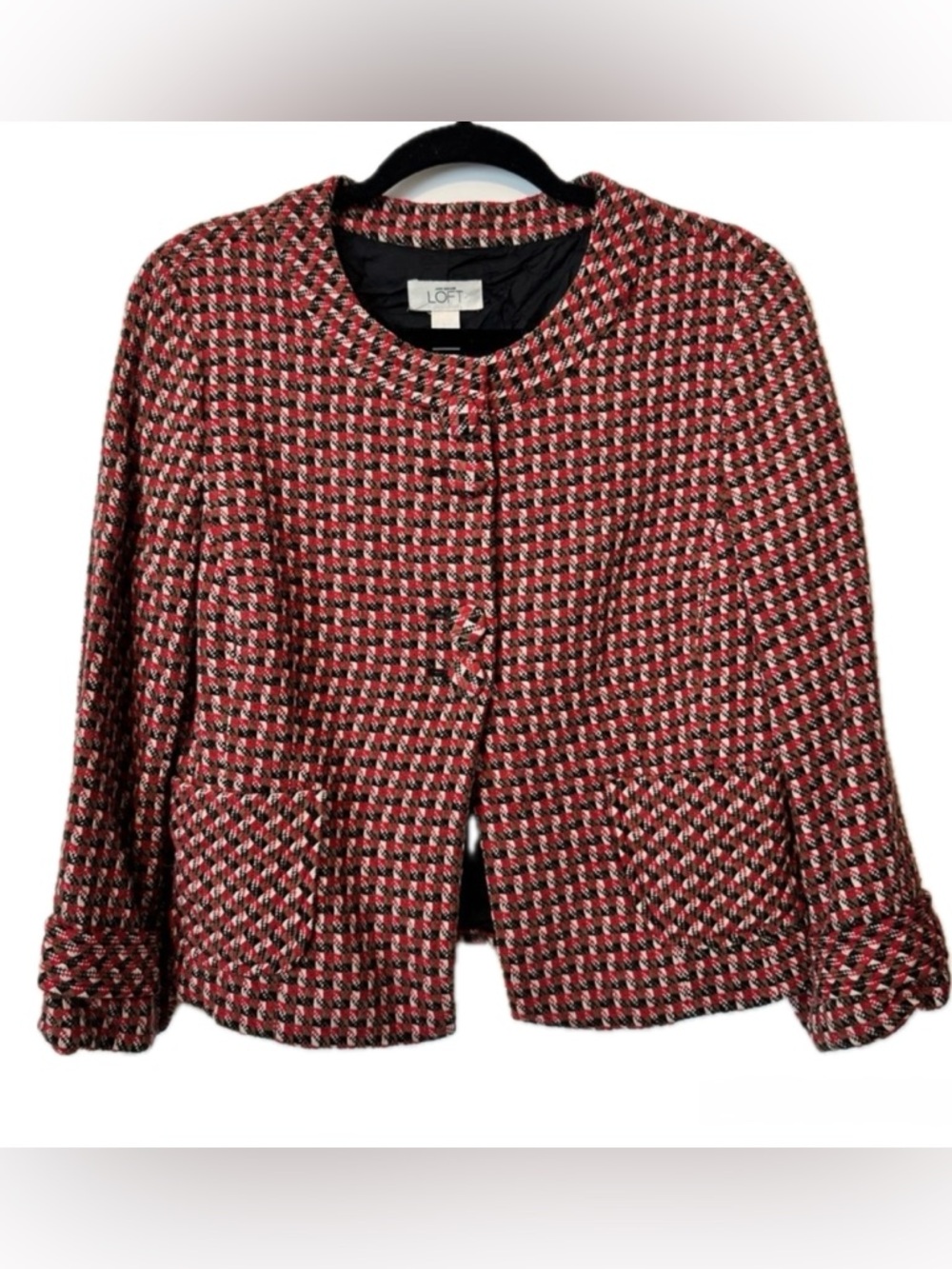 Ann Taylor LOFT Tweed Plaid Jacket Size 10
Cropped Blazer Red Black Wool Blend